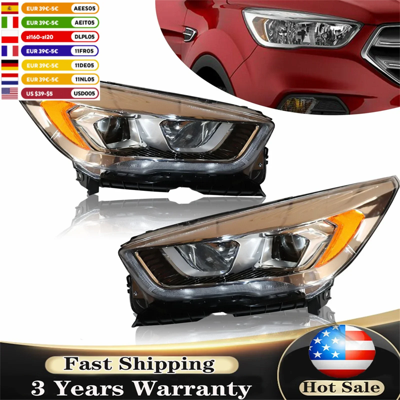 For 2017 2018 2019 Ford Escape Halogen Headlights Headlamps w/LED DRL Left or Right Car Accessory