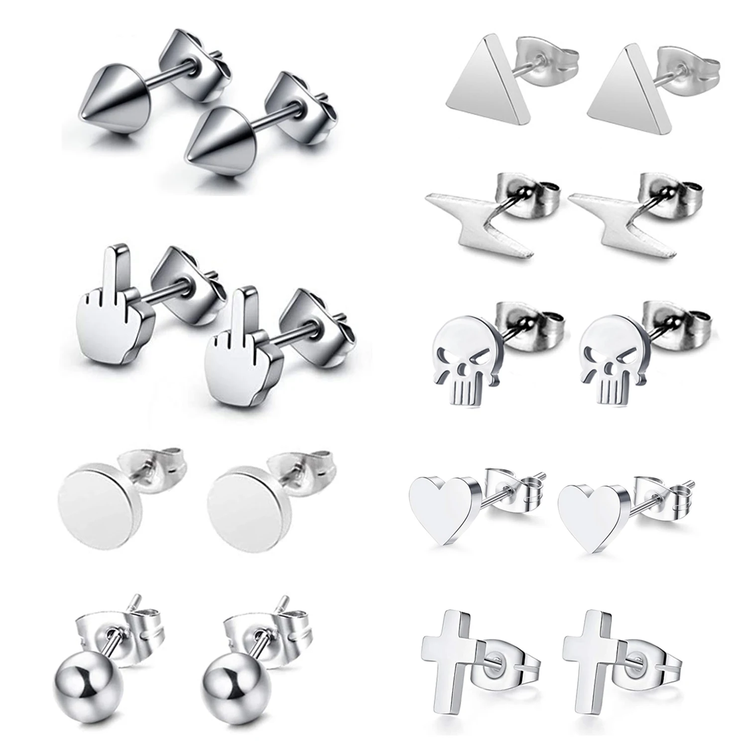 9 Pairs Punk Middle Finger Cross Skull Spike Ear Studs Earrings for Men Women Unisex Cool Earrings Creative Personality Jewelry