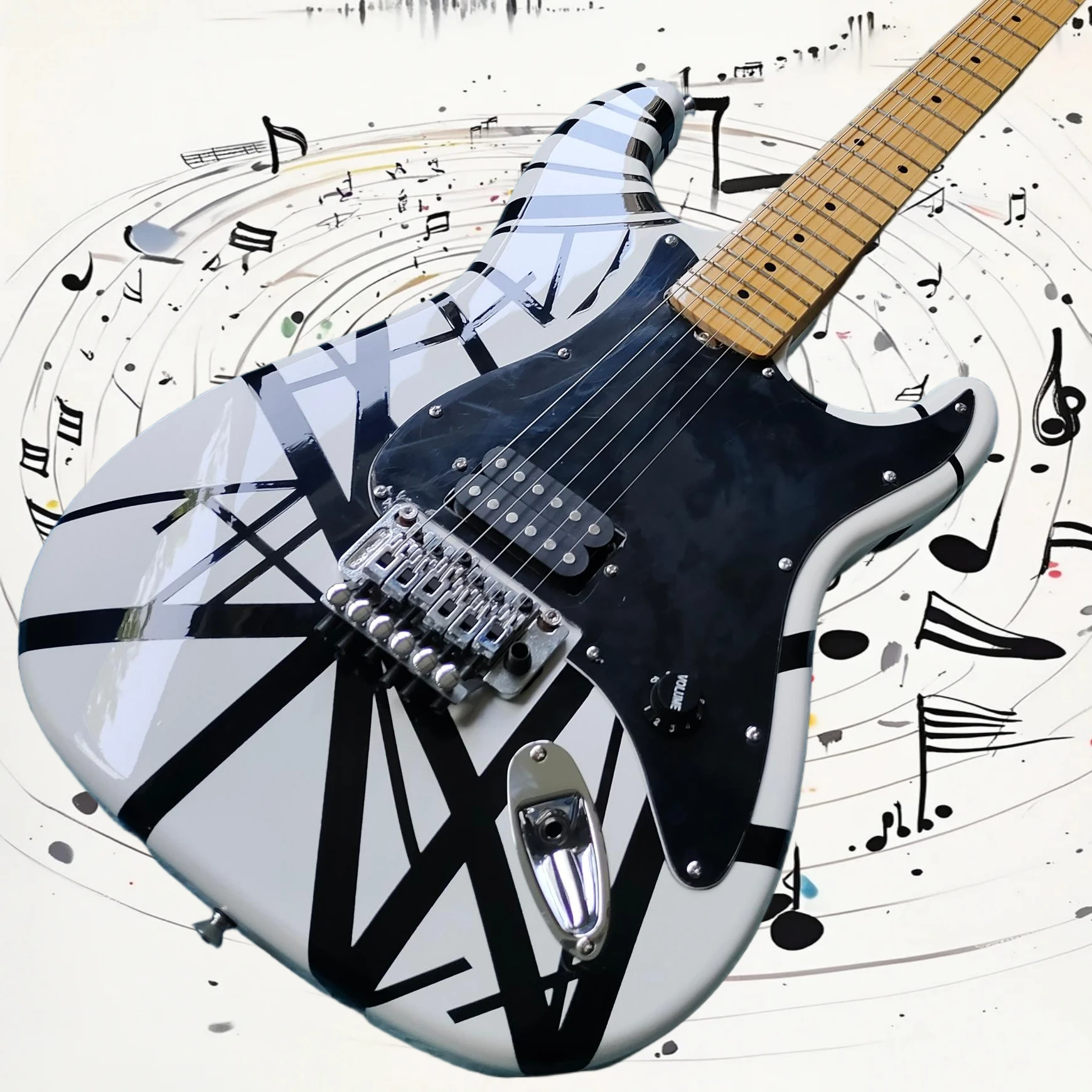Free Shipping ST Electric Guitar White Black Striped Pattern 6 String Single Pickup Tremolo System Rock Stage Performance Gift