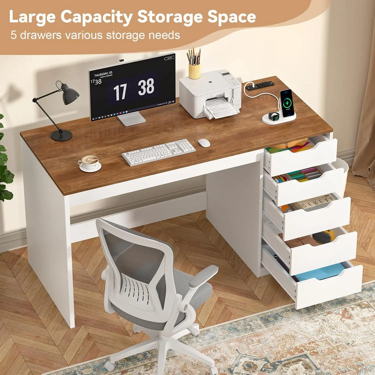 47 Inch Computer Desk with 5 Drawers & Outlets for Home Office, Customized