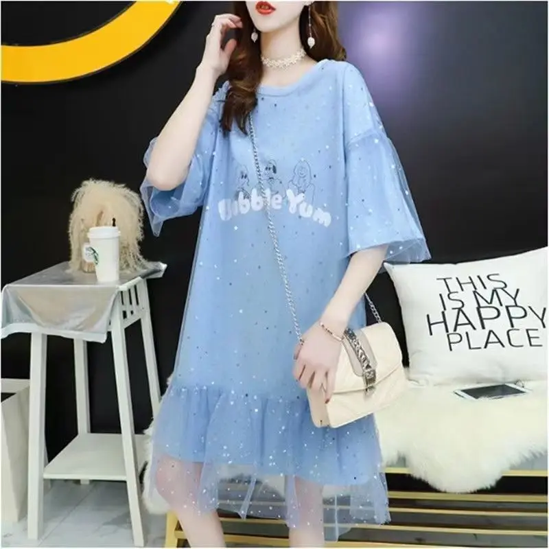 

Fashion Gauze Spliced Sequined Midi Dress 2024 Summer O-Neck Casual Letter Printed Female Clothing Short Sleeve Straight Dresses