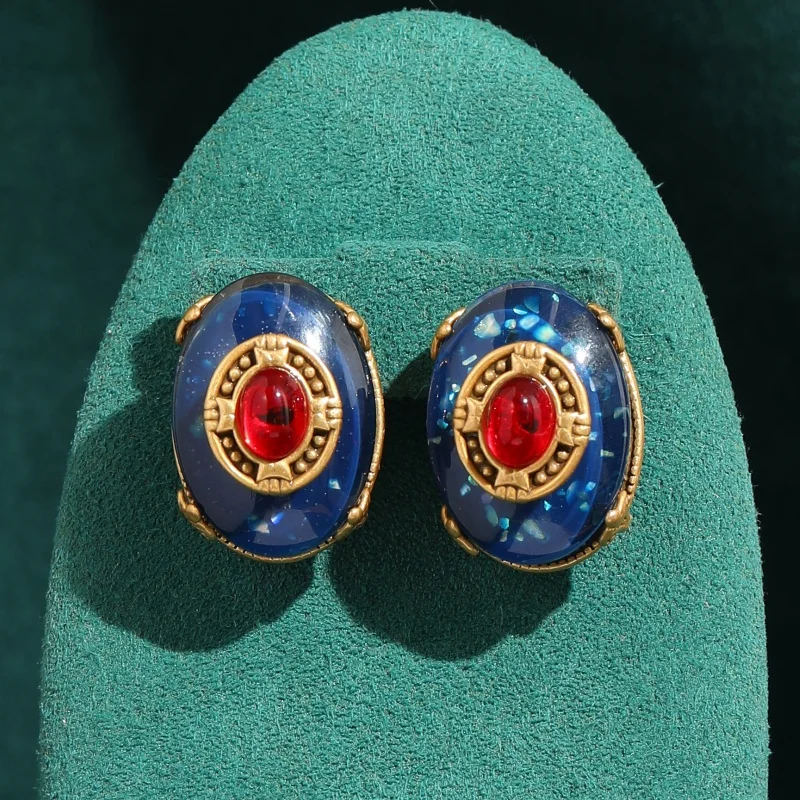 

Vintage Large Red Glass Opal Blue Glass Palace Earrings Gold Color Trendy Art Deco oval Jewelry For Woman Luxury Brand Gift