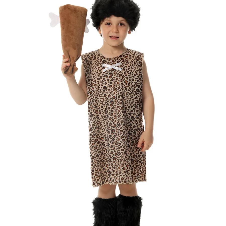 Cosplay Costume Primitive Stage Fantasia Clothes Child Boys Savage Halloween Kids Role Play Leopard Print Fancy Dress Wig Outfit