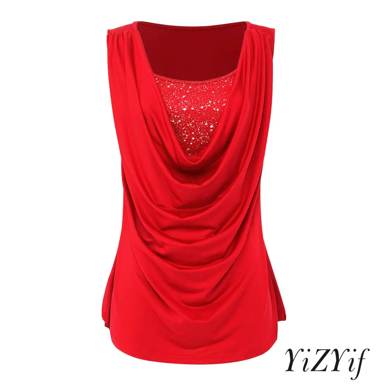 Women Cowl Neck Tank Top Sleeveless Front Metallic Shiny Printed Layer Draped Ruched Stretchy Vest Blouse for Office Work Party
