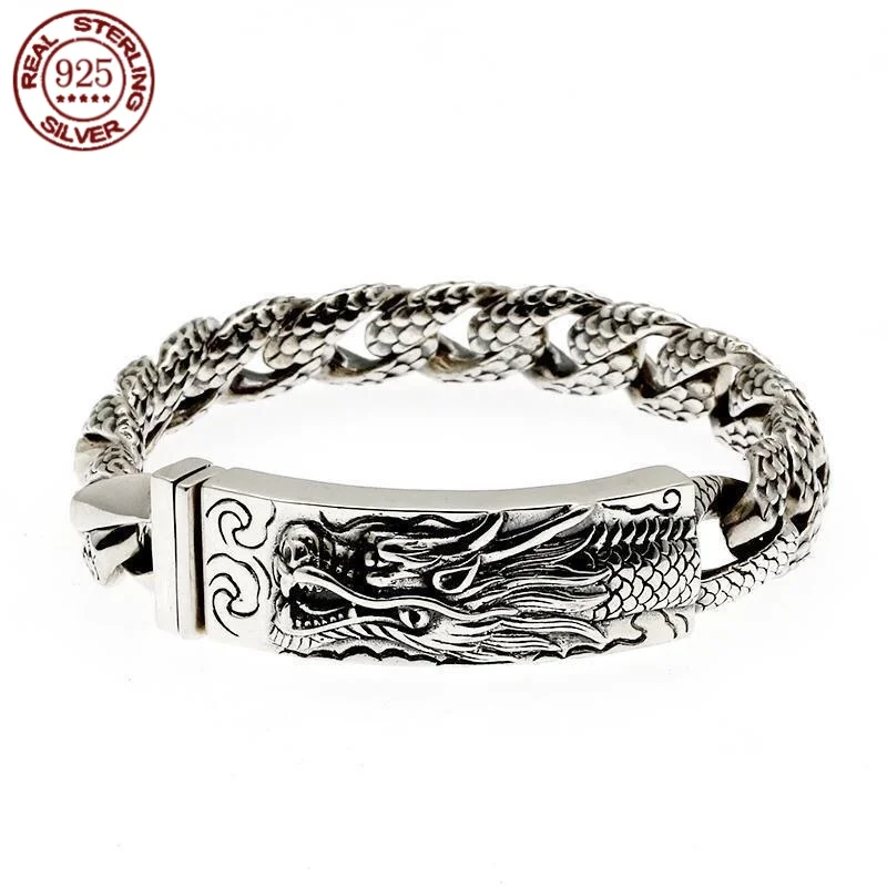 

Настоящее серебро S925, браслет ручной работы, мужской браслет с властной головой дракона, модный браслет в стиле ретро, хип-хоп, панк, ювелирные изделия