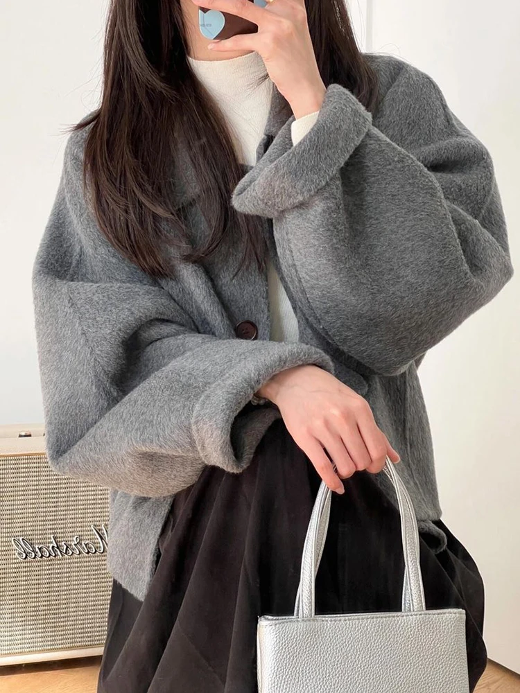 Cappotti di lana da donna Crop Vintage manica lunga con bottoni Office Lady Capispalla semplice Autunno Inverno Nuove eleganti top corti dolci e solidi