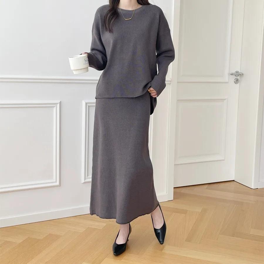 سترة تريكو نسائية لخريف وشتاء سترة فضفاضة للغاية على شكل حرف a طويلة Dr مكونة من قطعتين تأثير التخسيس مجموعة أنيقة