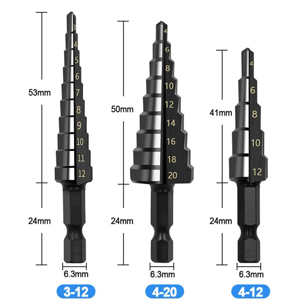 Heavy Duty Nitrogen Coated Straight Groove Step Drill Bit Set 3 12mm 4 12mm 4 20mm Hole Cutters for Tough Materials