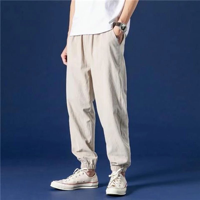 

Spring Summer New Solid Color Fashion Cotton Hemp Ankle Length Pants Man High Street Elastic Waist Drawstring Pockets Trousers