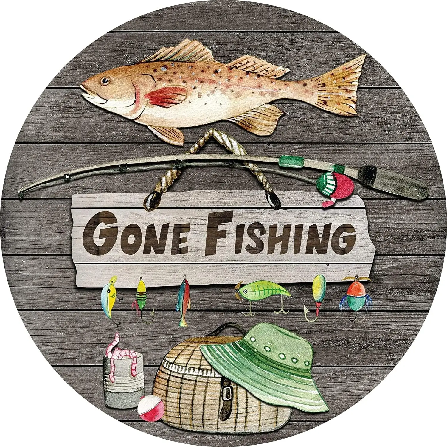 

Round Metal Tin Sign Rustic Wall Decor Fishing Wreath Sign,Gone Fishing Sign Metal Round Tin Signs Decor Wall Art Posters Gifts