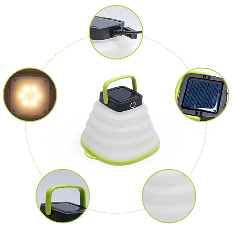 Linterna alimentada por energía Solar LED para acampar, linterna plegable con Cable USB, 3 niveles regulables, resistente al agua