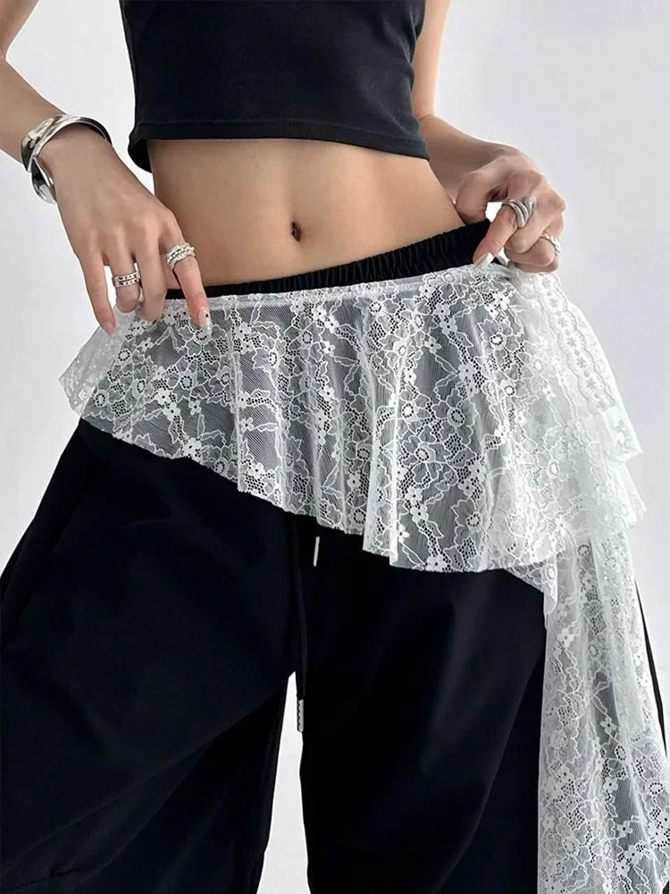 청바지 바지 장식 자수 꽃 레이스 미니 스커트 불규칙 시스루 주름 스커트 하이웨이스트 하라주쿠 플리츠 스커트