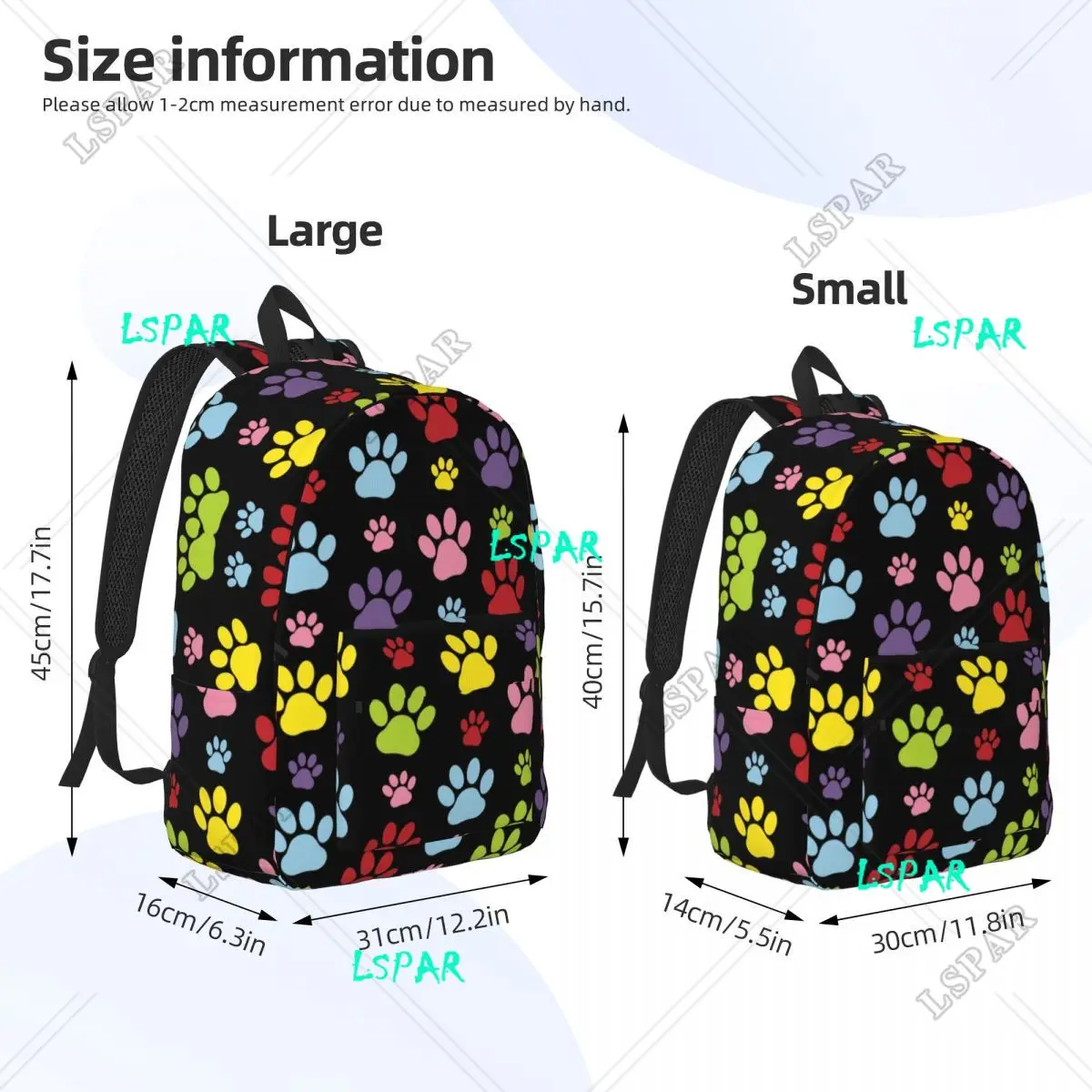 Zaino in tela con motivo a zampe colorate per donna uomo College School studenti Bookbag adatto a 15 pollici Laptop Dog Paw Prints borse per animali