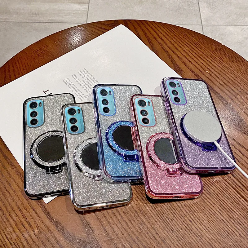 Custodia per placcatura glitterata con staffa magnetica a specchio per Motorola Moto E7 Plus E13 E20 E22 E22I E32 Edge 20 Edge 30 Cover posteriore morbida