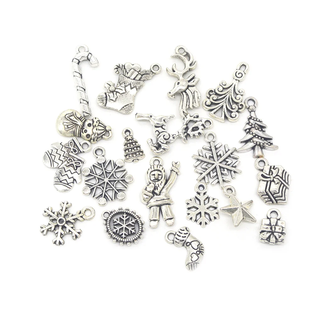 

19pcs Mixed Silver Color Christmas Tree Snowflake Stocking Candy Cane Charm Pendants Decoration