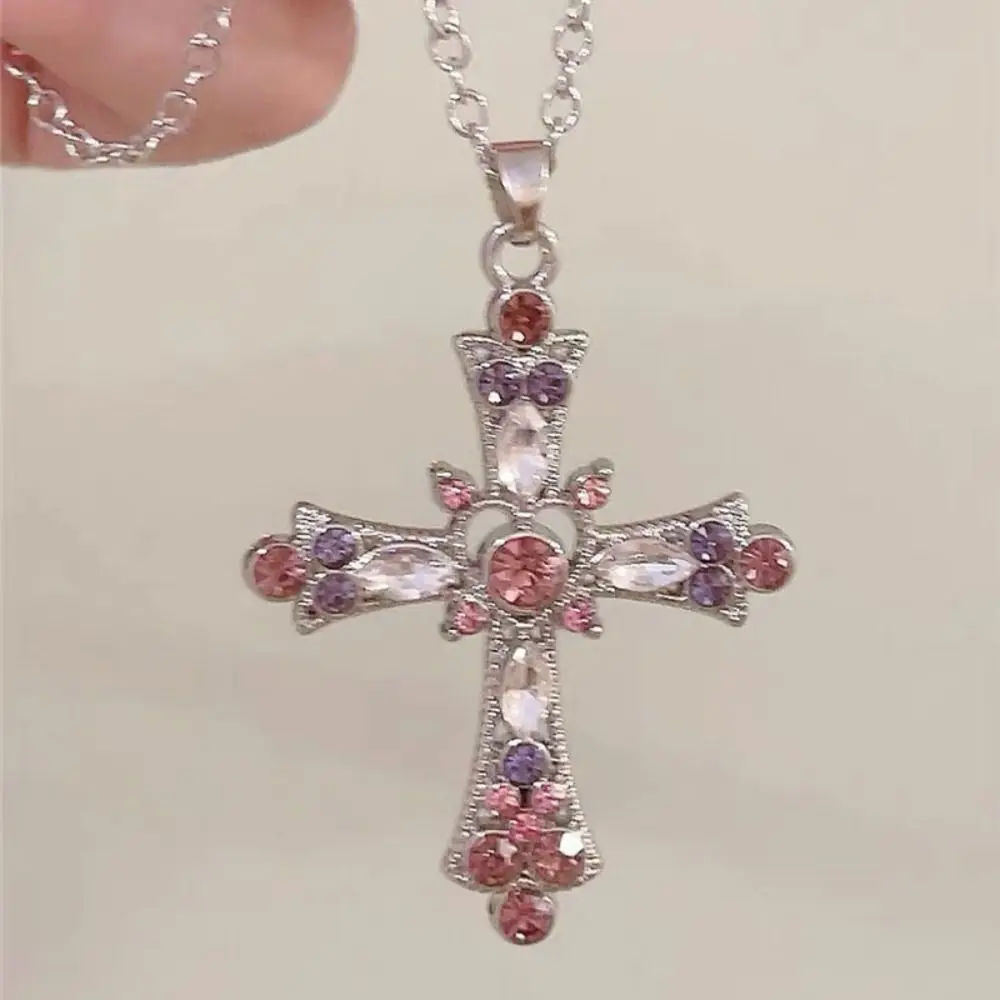 Fashion Y2K Cross Necklace Diamond Zircon Love Heart Necklaces Crystal Gothic Collarbone Chain Girls