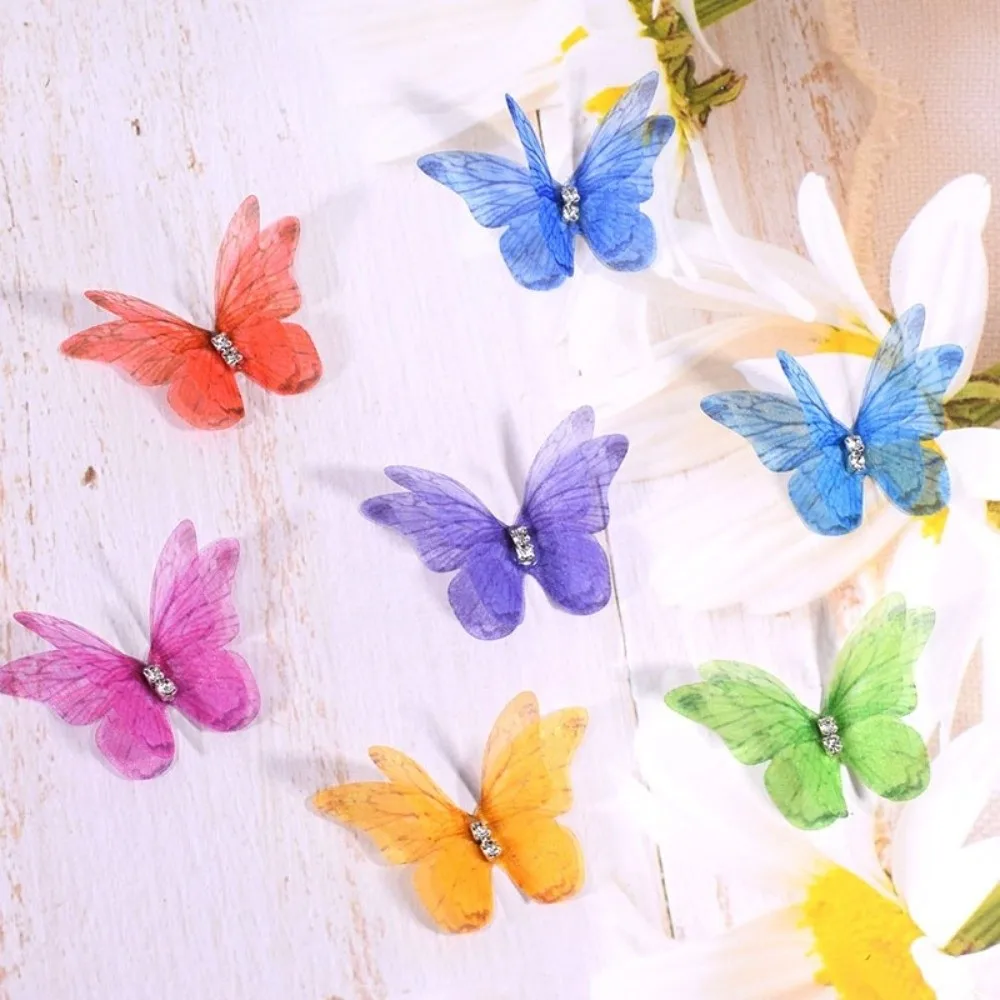 50Pcs 3D Organza Fabric Butterfly Appliques Double-layer Colorful Chiffon Butterfly Embroidered Patches Translucent