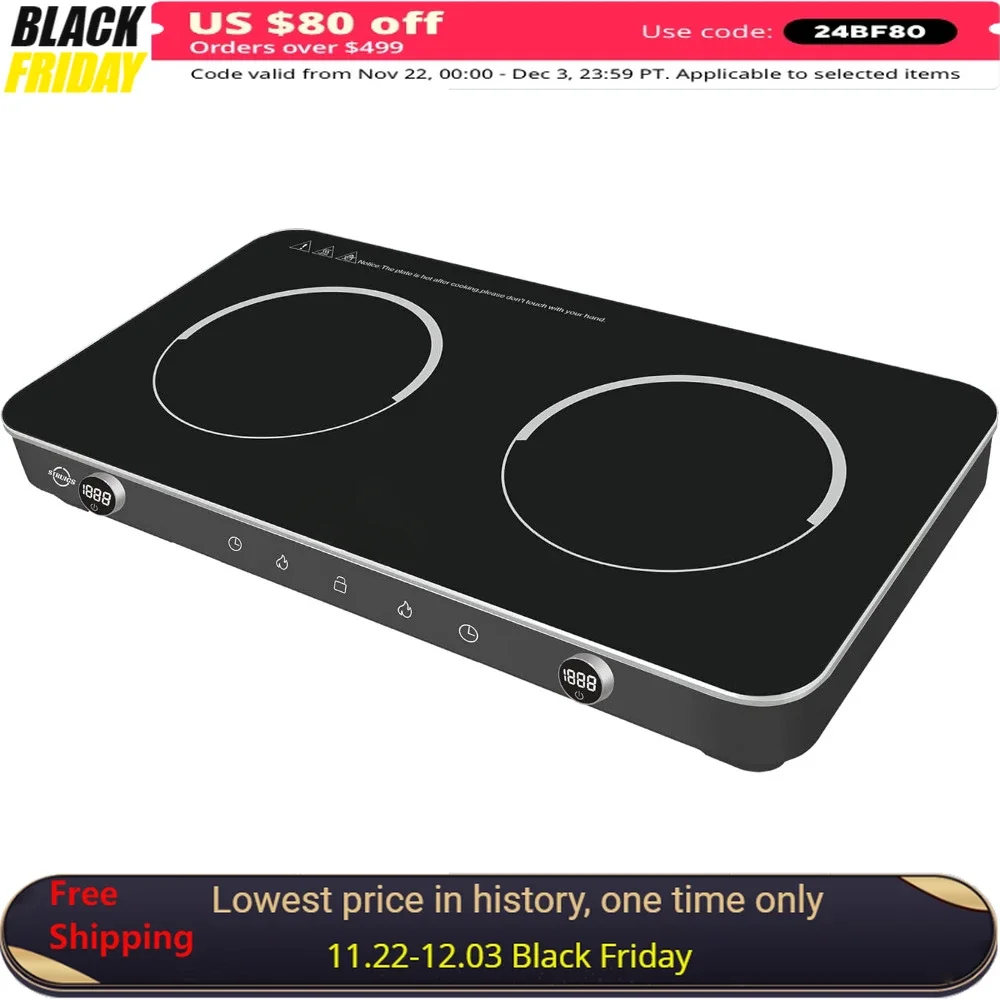 Electric Induction Cooker, 1800W Sensor Touch Hot Plate, 8 Power 8 Temperature Set Countertop Burner, Double Induction Cooktop