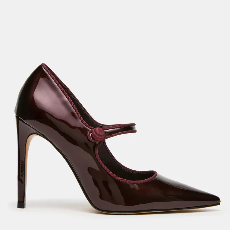 Wine Patent Leather Pointed Toe High Heels Women Sexy Stilettos Solid Color Button Decor Mary Jane Pump Black Casual Shoes
