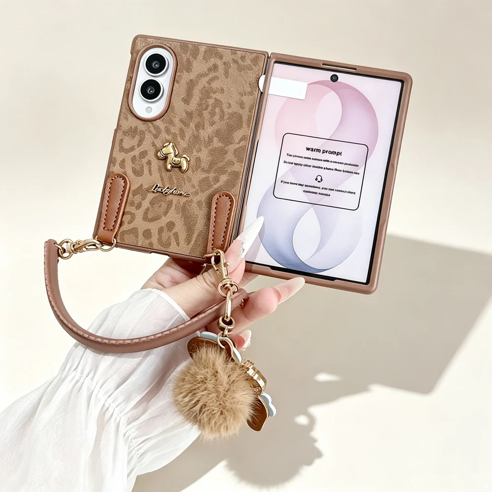 Leopard Print Pom-Pom Hand Strap Phone Case For Samsung Galaxy Z Fold 8 Wide Cute Pony Shockproof Protective Cover with Film