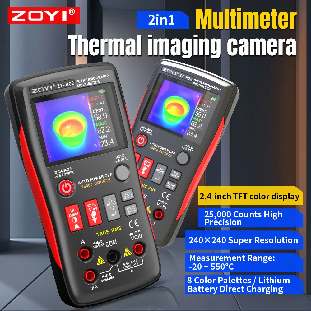 Multimètre à imagerie thermique infrarouge ZOYI ZT-R02 25000 points True RMS, testeur numérique automatique de tension, courant et résistance