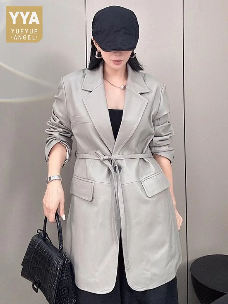 Elegant Office Ladies Genuine Leather Suit Jacket Single Button Loose Fit High Waist Medium Long Fashion Women Sheepskin Coat