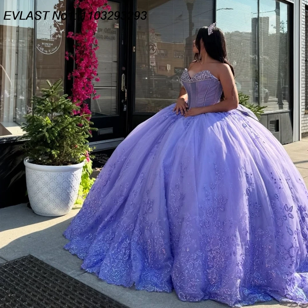 

EVLAST индивидуальное платье принцессы лаванды Quinceanera, бальное платье с кружевной аппликацией и бантом из бисера, Sweet 16, Vestidos De 15 Anos E1QN627