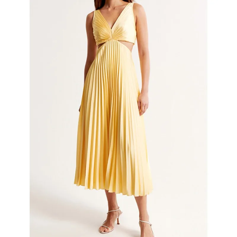 فستان نسائي مستوحى من التصميم مع مزاج أنيق، رقبة على شكل حرف V بدون أكمام مجوفة بدون ظهر مطوي صيفي نمط جديد