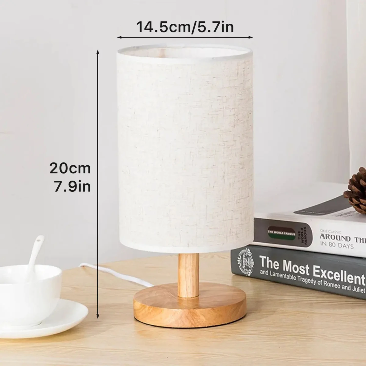 New Classical Table Lamp Wooden Bedside Lamp Night Light Eye Protection Rechargeable Desk Light W/ Cylinder Lamp Shade Bedroom D