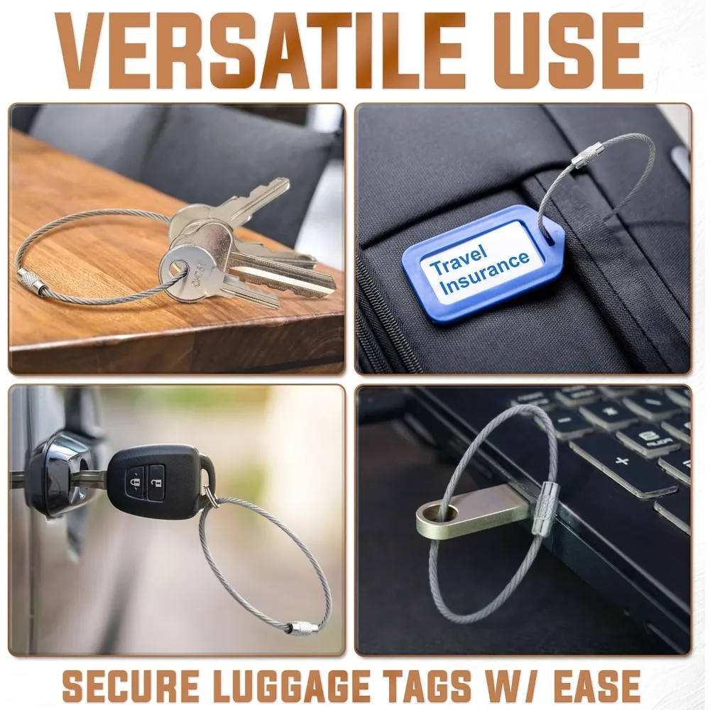 100Pcs Wire Keychain Cable 1.5/2mm Thick Stainless Steel Loops Secure Screw Lock for Hanging Luggage Tags & Organizing Keys