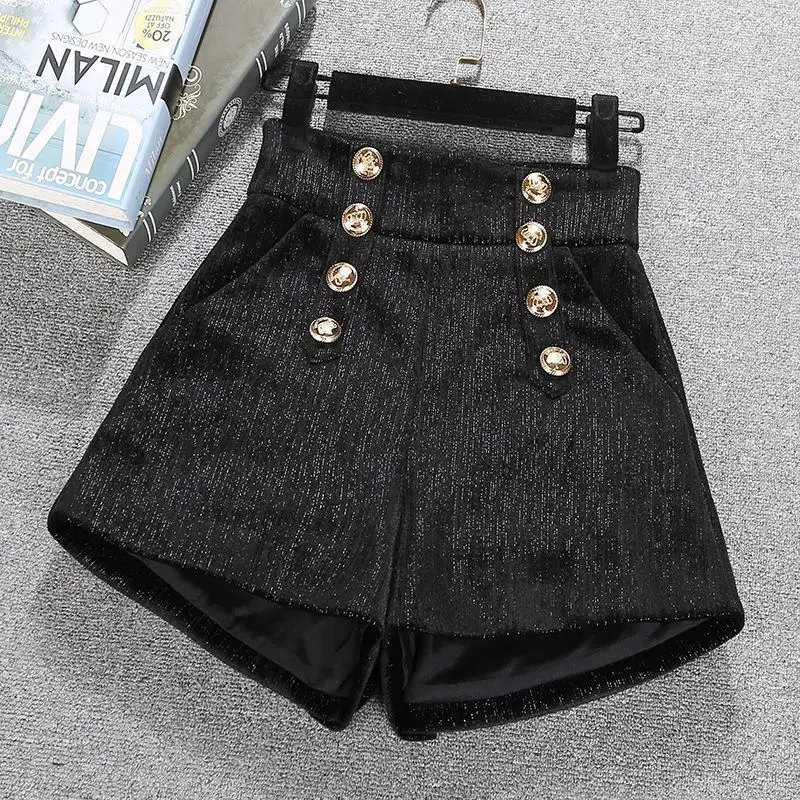 Simplicity Autumn New Woolen Women Plaid Zipper Pockets Korean Elegant Casual High Waist Loose A-line Wide Leg Shorts LX574