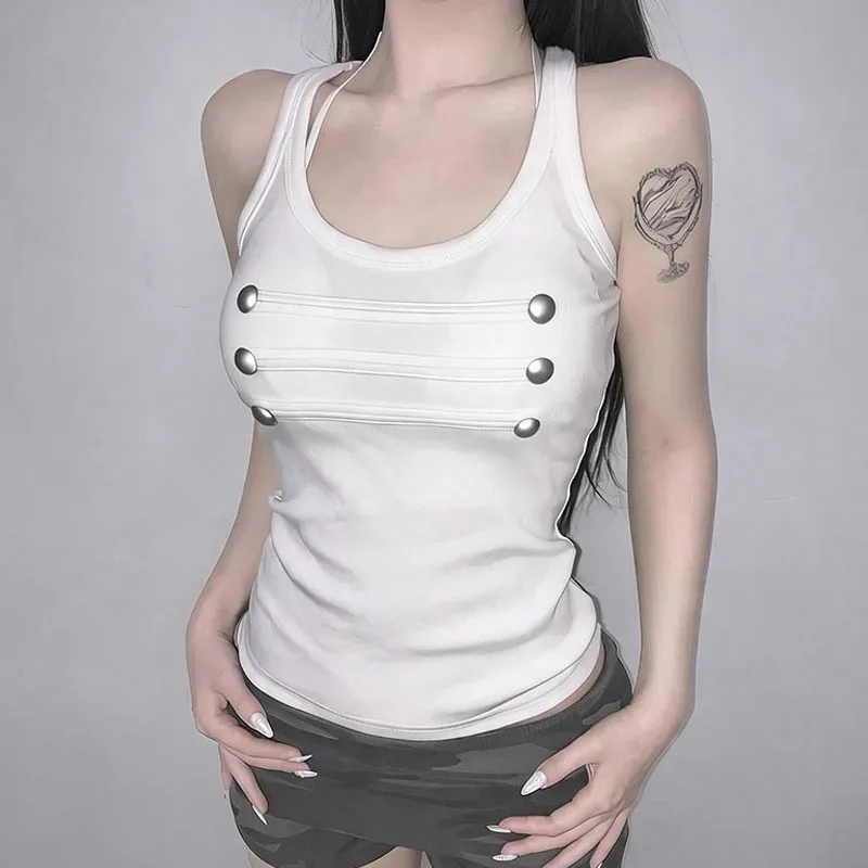 Y2K Harajuku Individuality Slim Short Vest Metal Buckle Decorated Sleeveless U-neck Sling Casual Street Women's Pullover Top Emo
