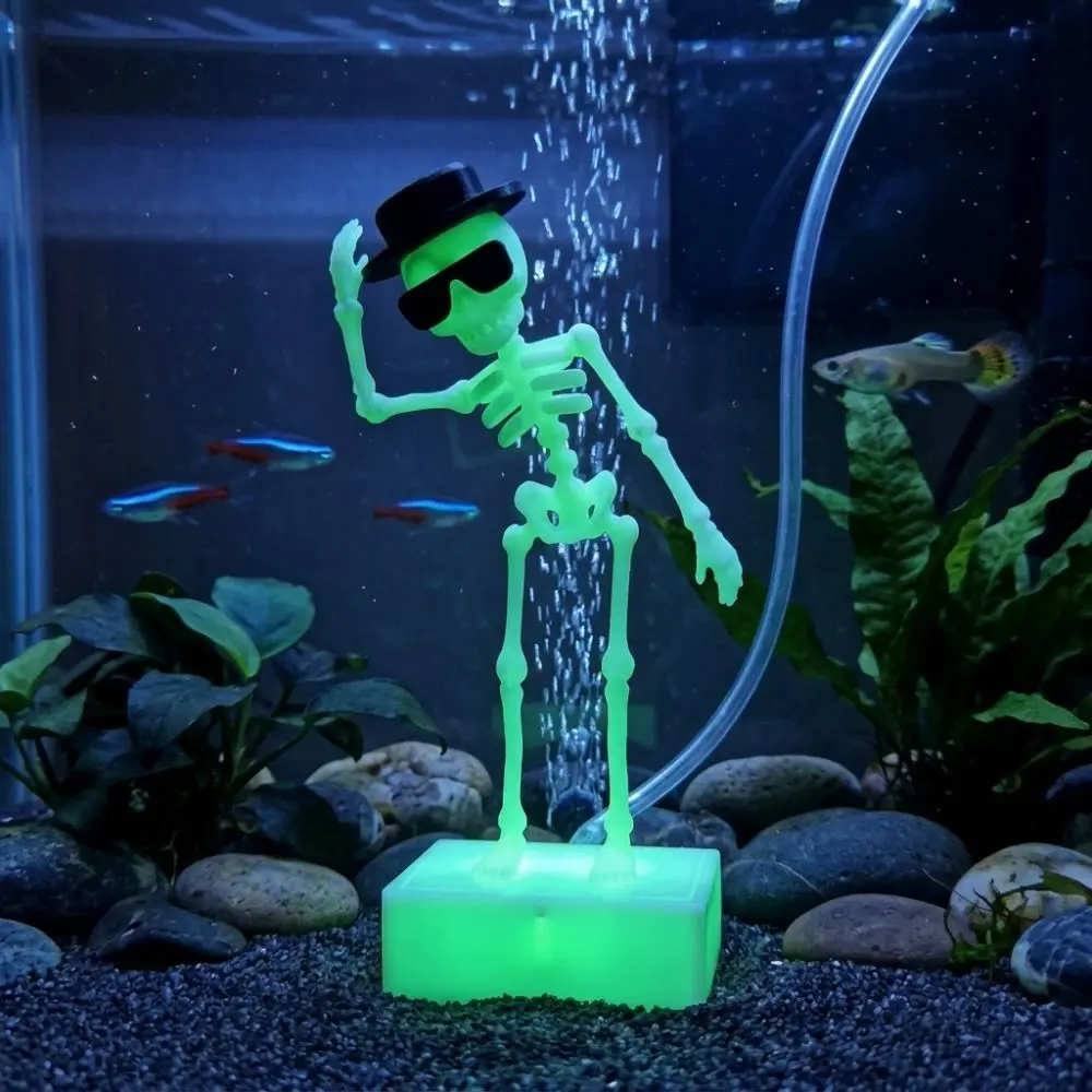 3D Printed Dancing Skeleton Aquarium Bubbler Plastic Wear Hat Sunglasses Dynamic Skeleton Bubbler Gothic Air Driven