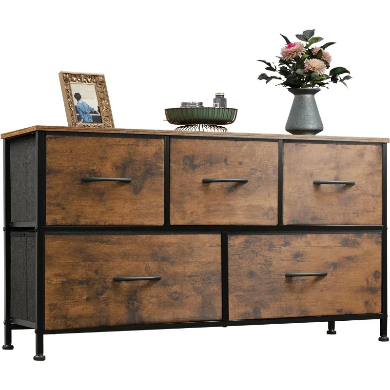 

Dresser for Bedroom with 5 Drawers, Wide Chest of Drawers, Fabric Dresser, Storage Organizer Unit with Fabric Bins for Closet