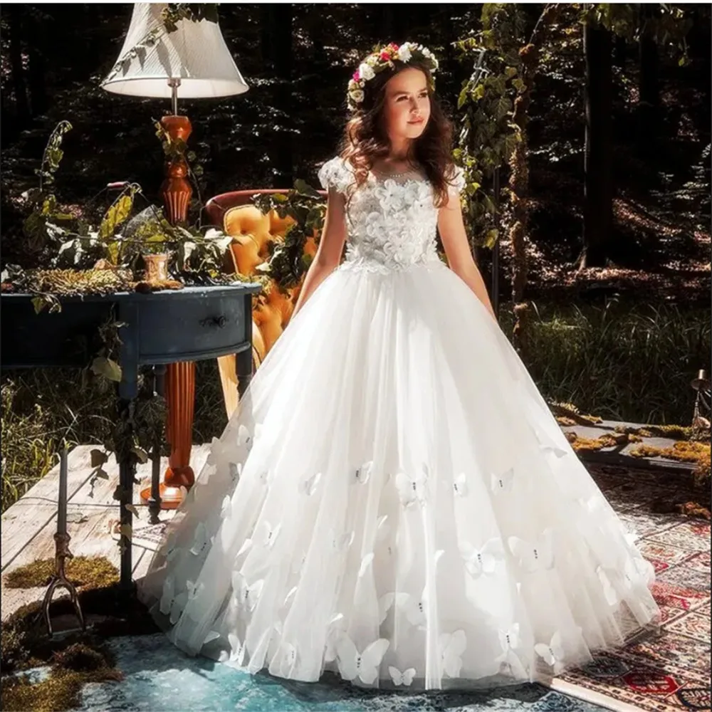 

Elegant White Flower Girl Wedding Dress Applique Butterfly Flower Kids Birthday Party Pageant Bridesmaid First Communion Gown