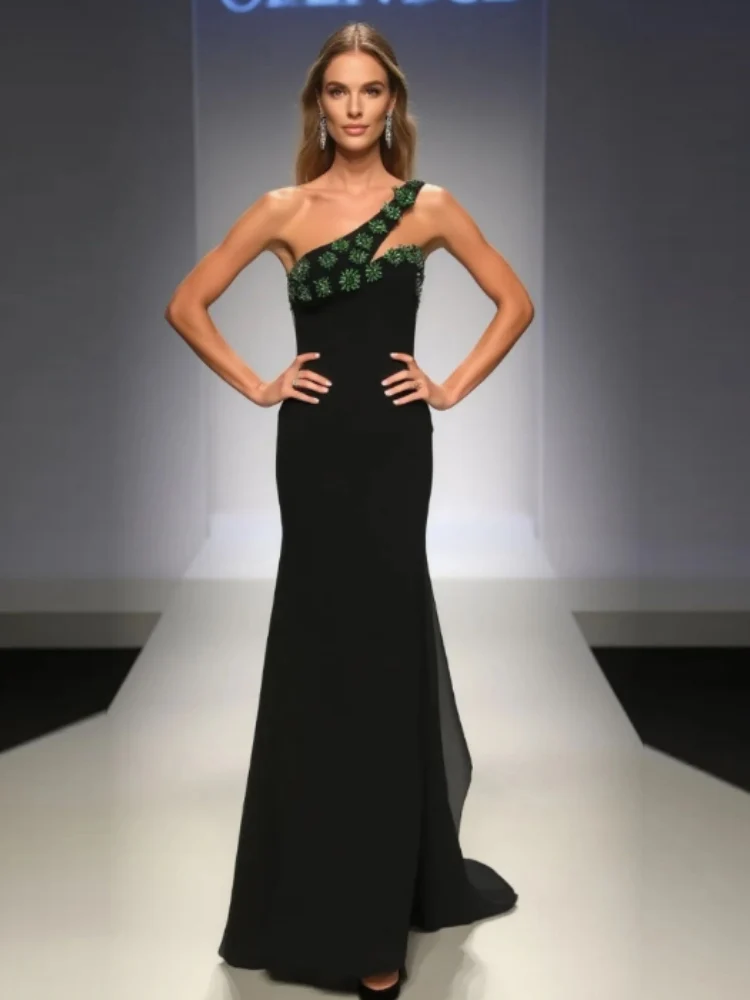 

Sexy One Shoulder Green Diamonds Bandage Dress Women Sleeveless Diagonal Collar Bodycon Long Dresses Evening Club Party Gowns
