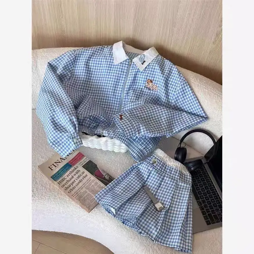 College Style Blue Checkered Cute Little Dog Embroidered Coat Girls' Design Sense Spring Pleated Skirt