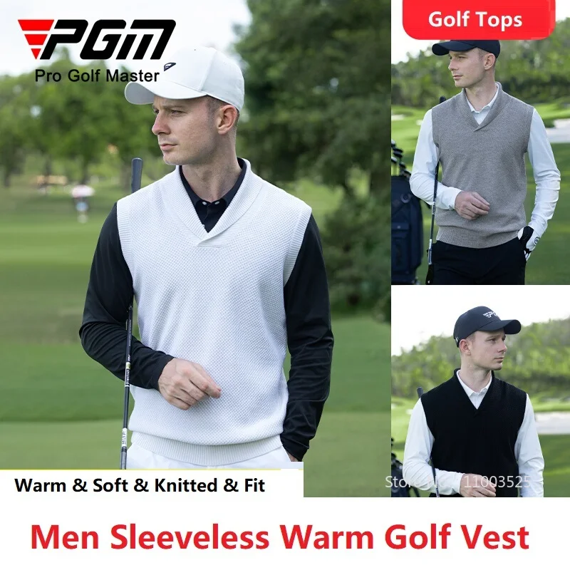 PGM Golf Men's Sweater Vest Autumn and Winter Warm V-neck Knitted Tops Male Sleeveless Sports Waistcoat Windproof Golf Wear