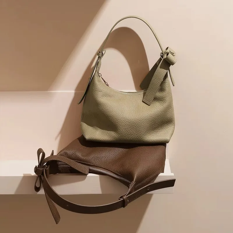 

New Korean Version Top Layer Cowhide Lychee Pattered Box Bow Desig Versatile Shoulder Bags Female Top-handle Bags Leather Suede