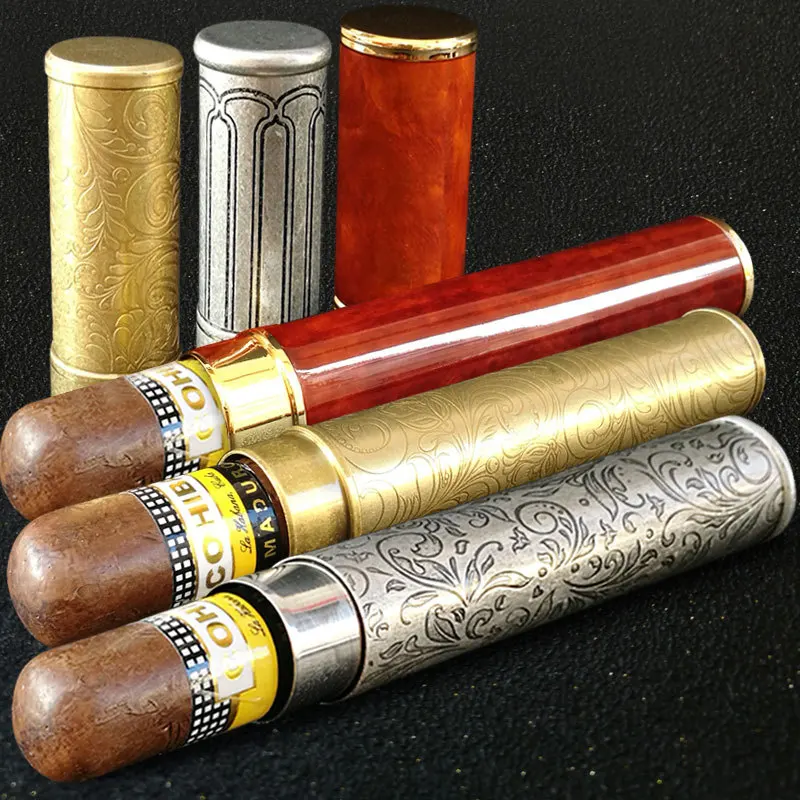 Cigars Box Single Cigar Tube Pure Copper Humidor Moisturizing Portable Carbon Fiber Metal Cigar Case Travel Cigar Accessories