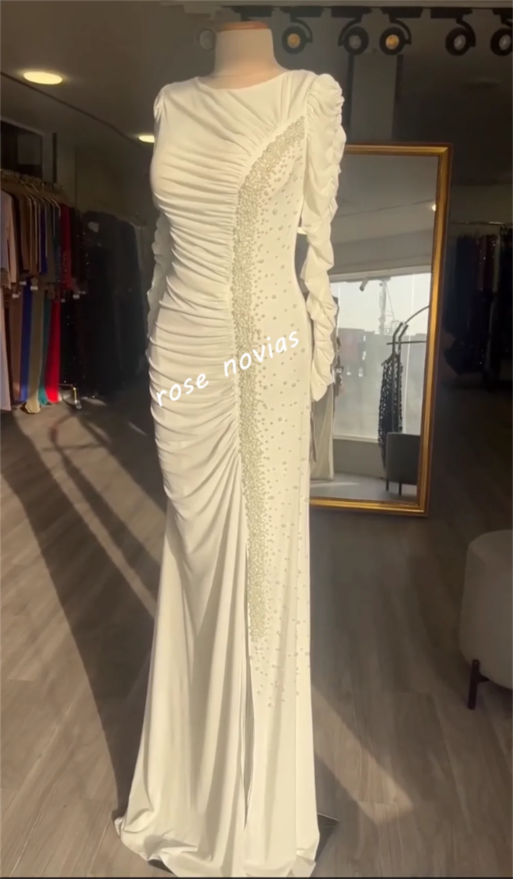 Robe longue de soirée élégante pour femmes, personnalisée, avec plis de perles, col rond, sur mesure, pour occasions, paillettes de haute qualité