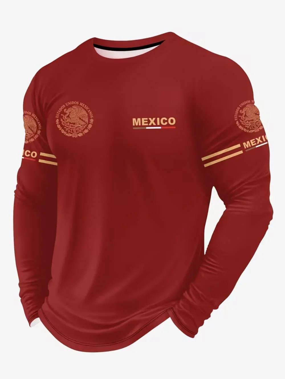 Men's Mexico Eagle Print T‑Shirt, Fashion Comfortable Long‑Sleeve T‑Shirt, Casual O‑Neck Pullover, Loose Men's Tops for Autumn - view 4