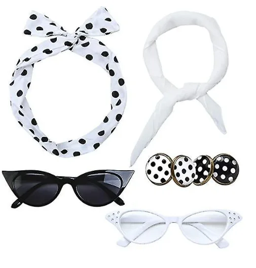 Accessori per costumi da discoteca anni '50 1950s Fancy Dress Cat Eye Glasses Polka Dot Bandana Tie orecchini con fascia Halloween Cosplay Suit