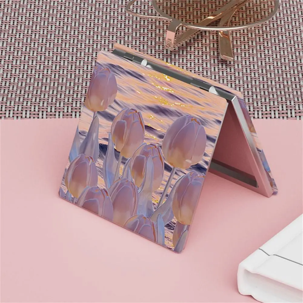 Pocket Tulip Square Makeup Mirror Double-Sided Magnifying Cosmetic Mirror Oil Painting Vanity Folding Mirror Cosmetics Tools