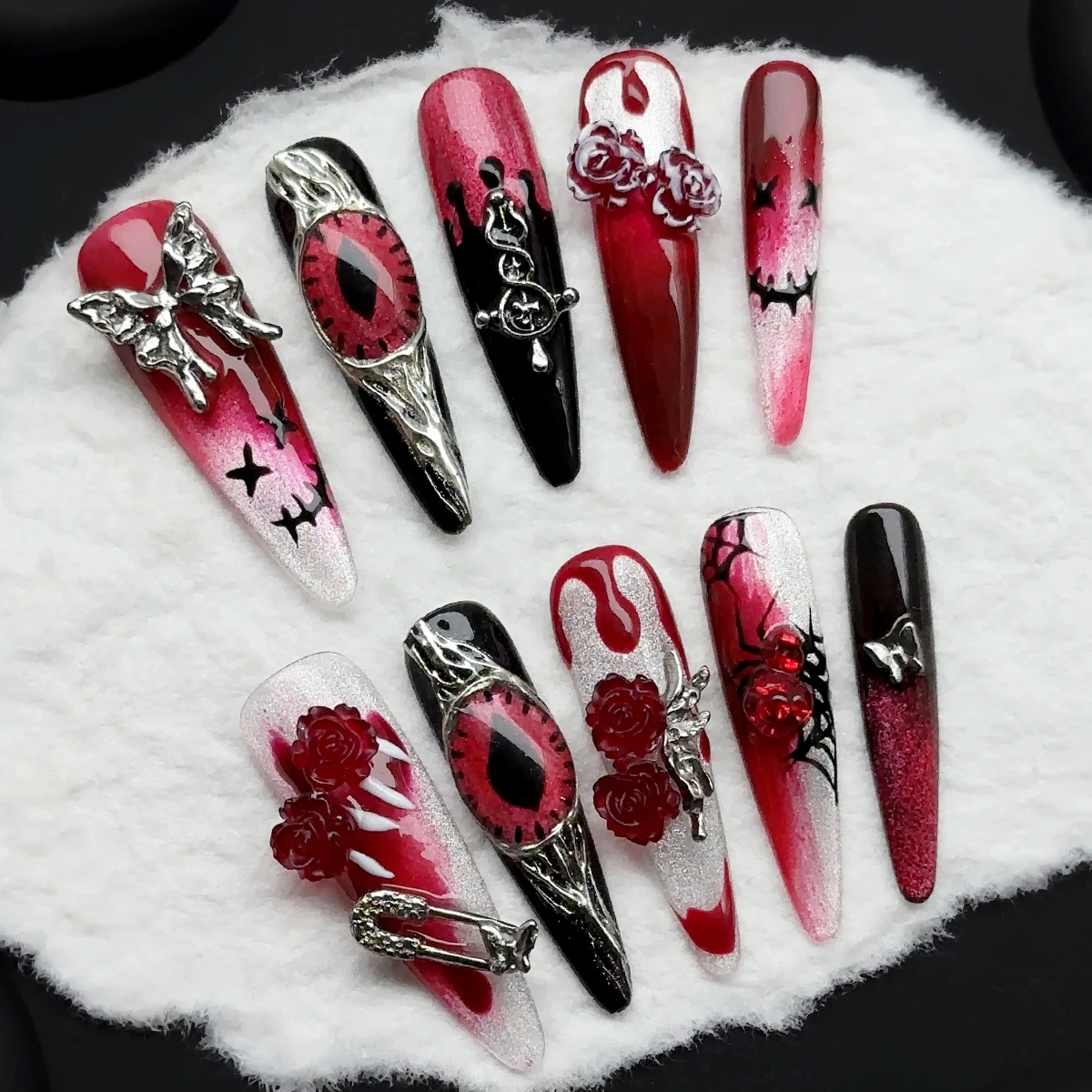 10pcs handmade press on nails Extra-long teardrop-shaped fake nails，halloween，Gothic，Red devil eye butterfly flower fake nails
