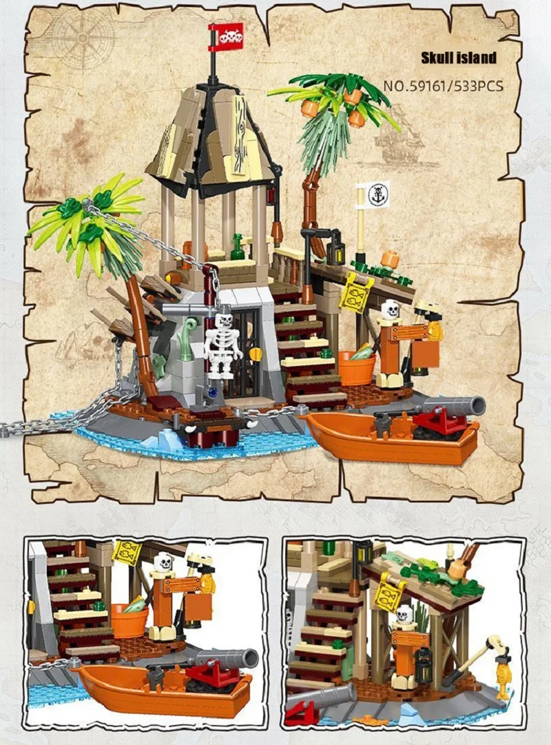 Compatível com LEGO Medieval Pirate's House Skull Island Bricks Kit 3 estilos Pirate Watch Tower Building Brock Presente de Natal