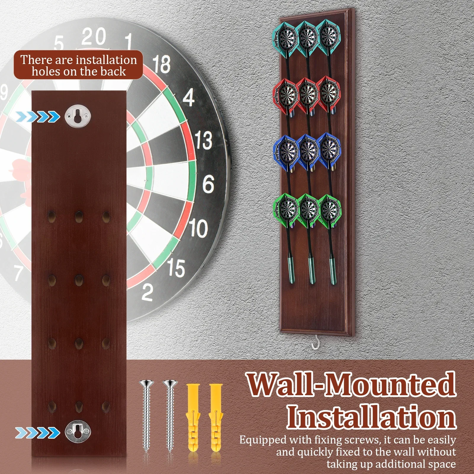 Wall Mounted Darts Stand Wooden Darts Holder Set with Metal Hook 12 Slot Large Capacity Dart Storage Stand Display Rack for Play