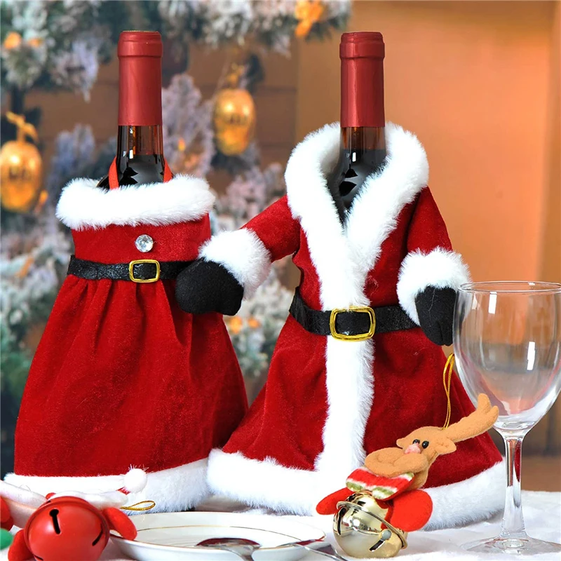 2/1Pcs Creative Christmas Wine Bottle Set Golden Velvet Dress Santa Claus Wine Bottle Cover Xmas New Year Dinner Table Decors