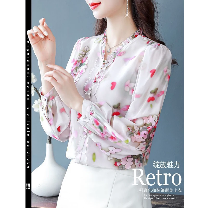 Women Clothing 2024 Autumn Fashion Floral Print Ruffle Blouses Elegant Chic Long Sleeve Shirts Ladies Casual Loose Chiffon Tops