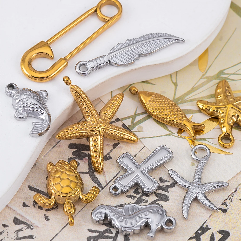 5pcs Ocean Series 304 Stainless Steel Marine Life Shape Pendant For DIY Versatile Necklace Jewelry Supplies Wholesale Material